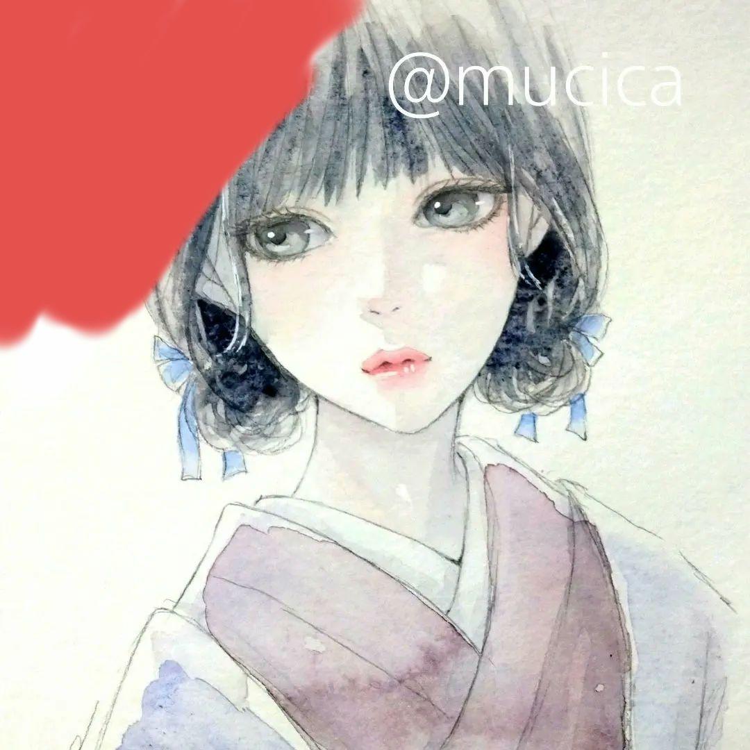 肉筆原画　手描きイラスト　絵画　オリジナル　アナログ　水彩画　美人画　和装