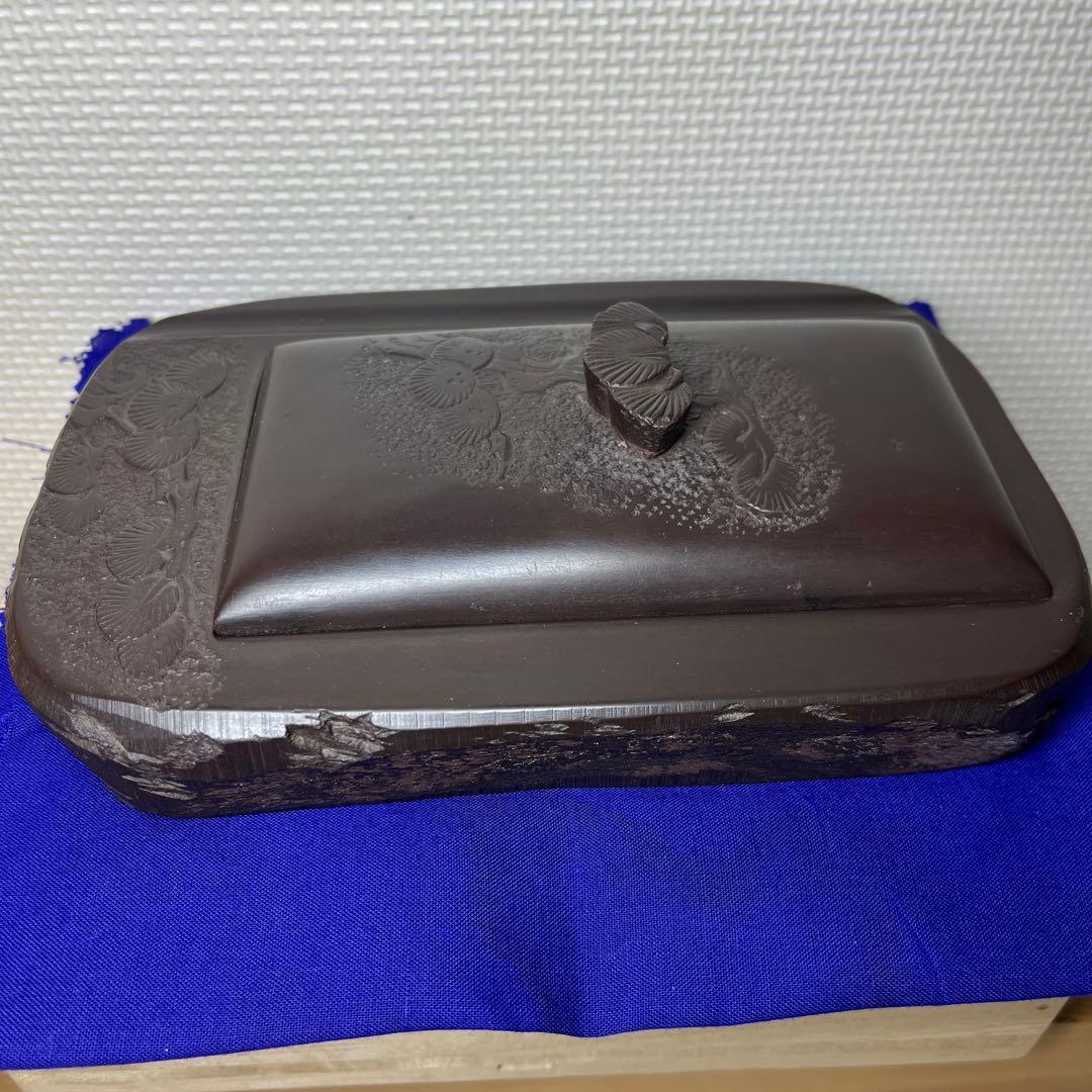 ⭕️赤間硯　石蓋付硯　長久松彫刻　大型硯　赤間硯　くすのき製硯　下井百合昭　昭竜山