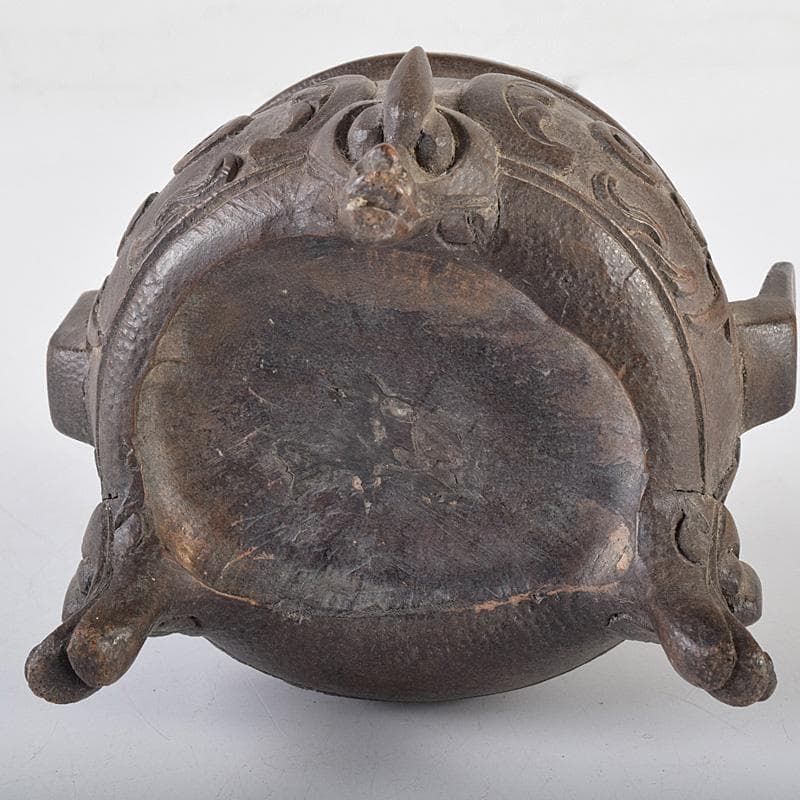 中国　古竹彫刻　獣摘饕餮文　香炉　鼎　V　R8107