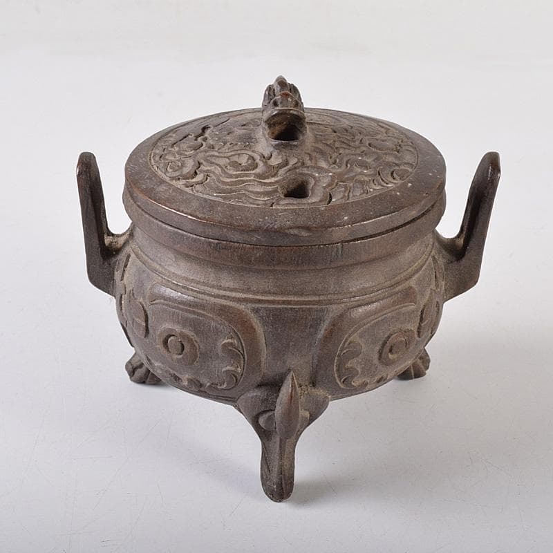 中国　古竹彫刻　獣摘饕餮文　香炉　鼎　V　R8107