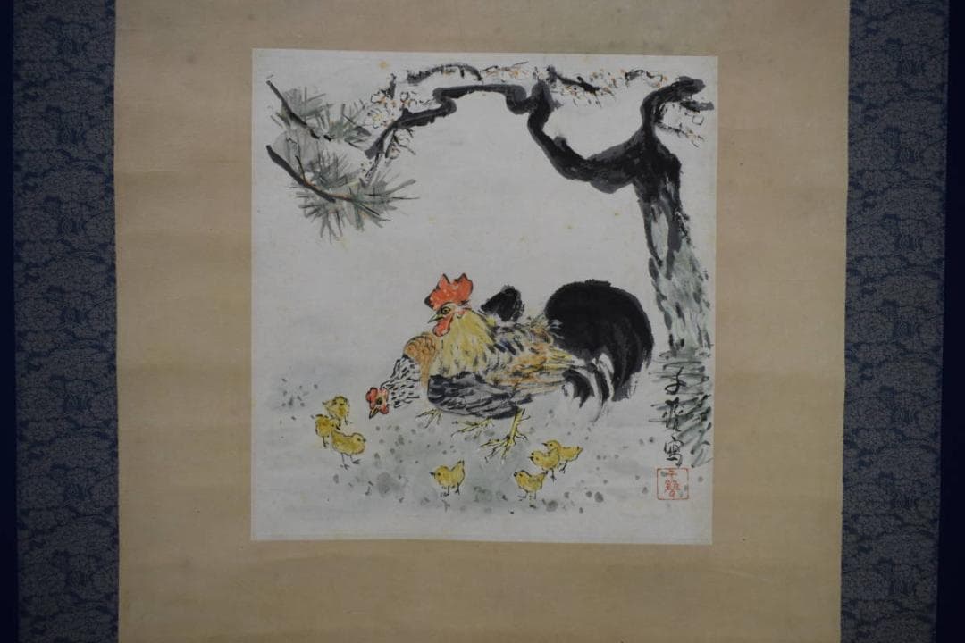 真作/小川千甕/鶏図/双鶏ひよこ図/花鳥図/布袋屋掛軸HJ-154