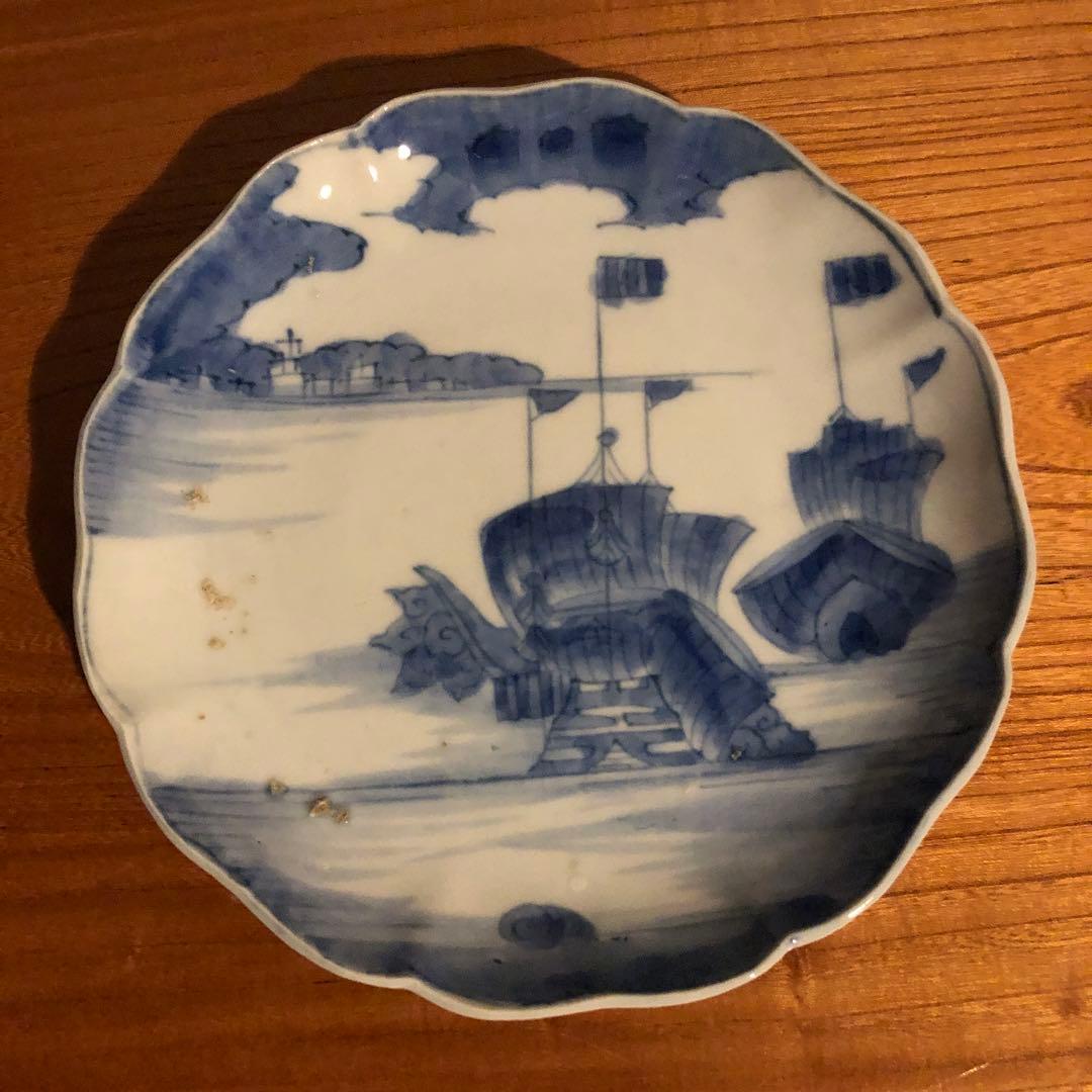蔵にあった古伊万里染付南蛮船文中皿