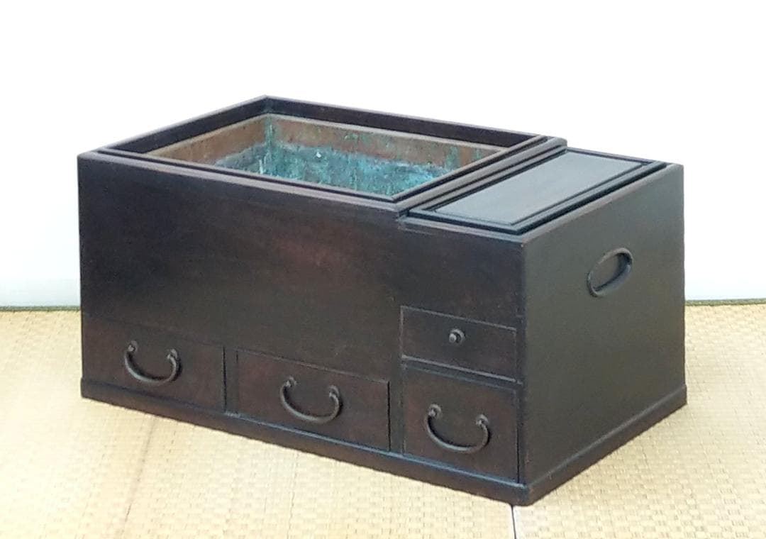 木製 唐木 紫檀 総無垢 長火鉢 関東火鉢 囲炉裏 五徳 灰付き 幅66cm