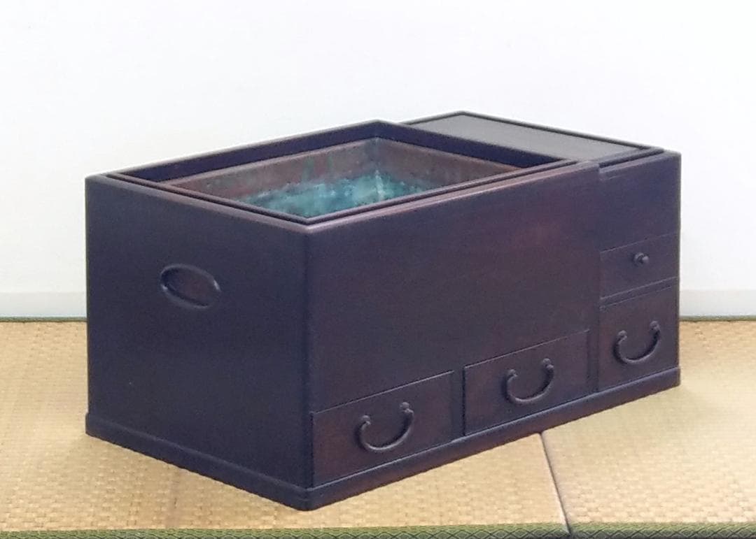 木製 唐木 紫檀 総無垢 長火鉢 関東火鉢 囲炉裏 五徳 灰付き 幅66cm