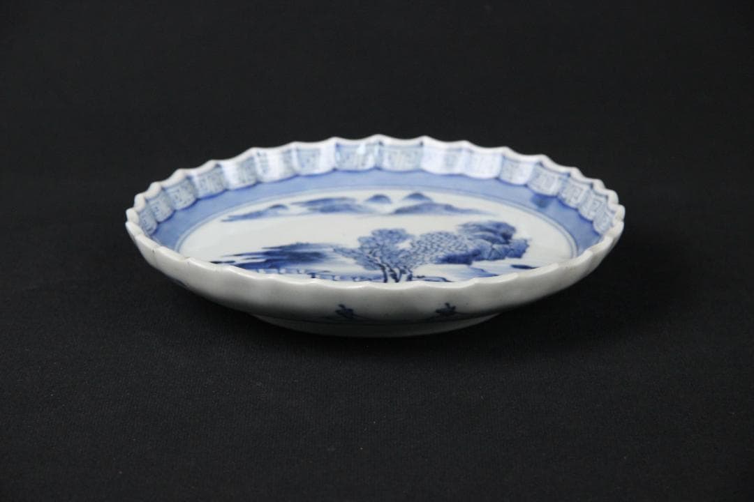 古伊万里 染付 山水図 五枚組 小皿 菓子皿 風景絵 江戸～明治期 Eo21-6