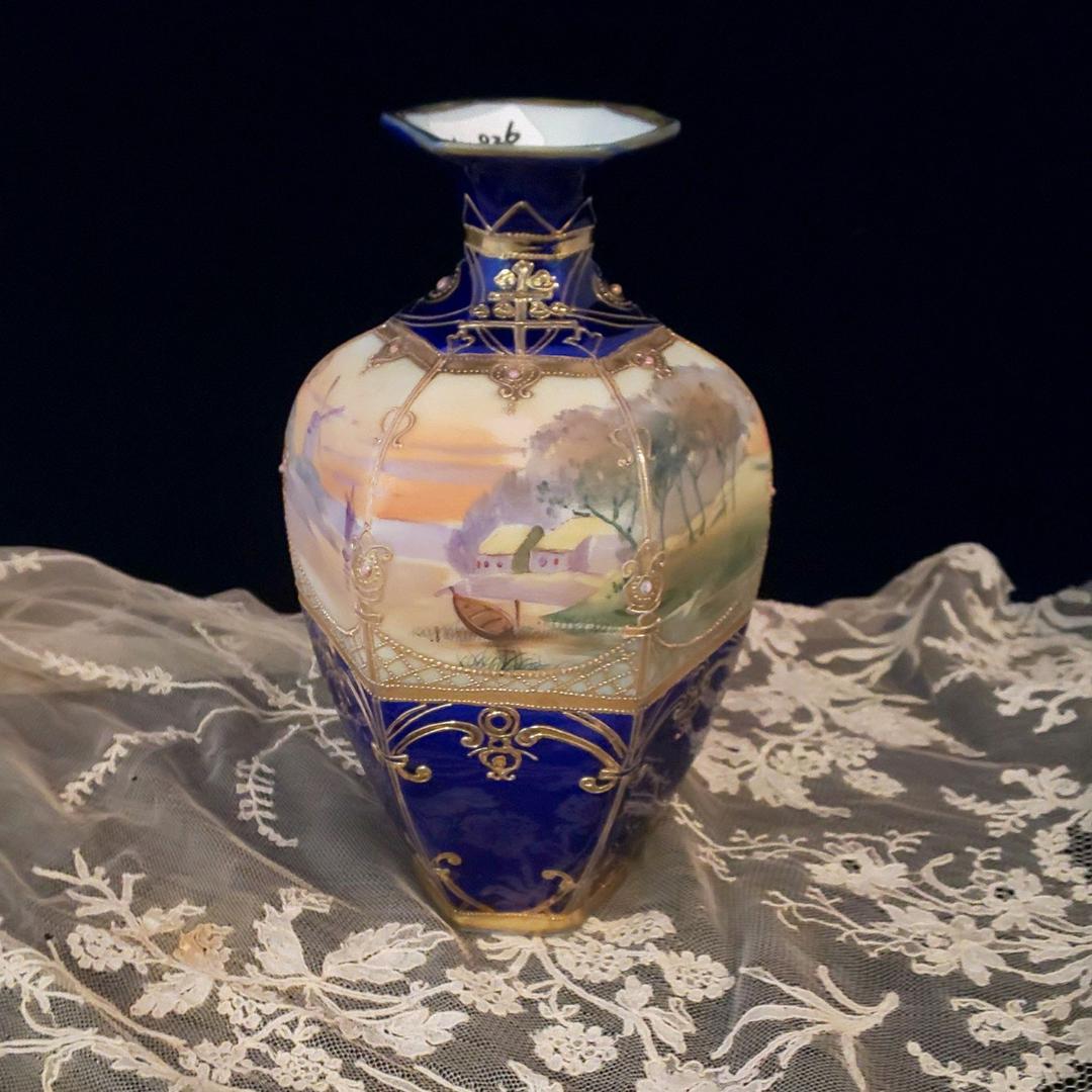 オールドノリタケ　コバルト　金盛　六角　花瓶