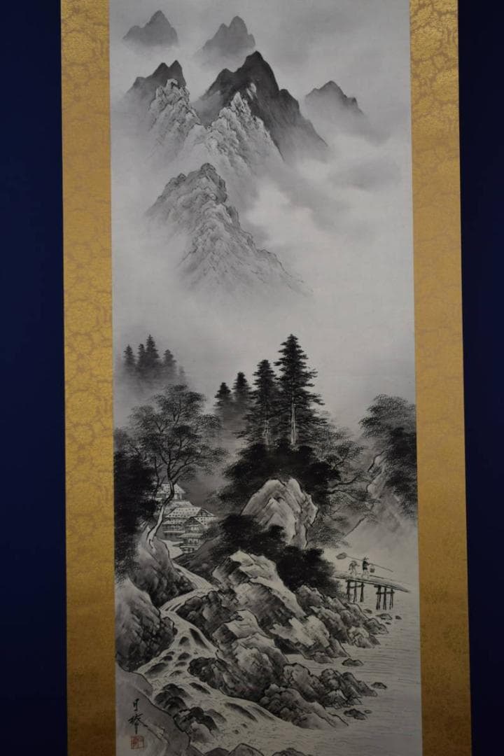 真作/大津日楠/山水釣人図/桐共箱二重箱付/布袋屋掛軸HE-758