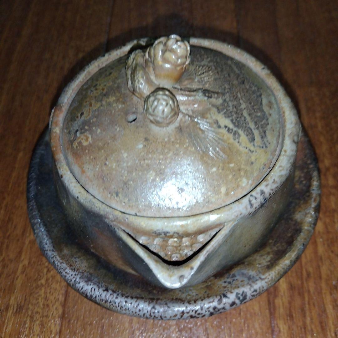 【レア】宝瓶 木村春芳作 備前焼 陶器製急須 松ぼっくり 茶托付き 宝瓶台付き