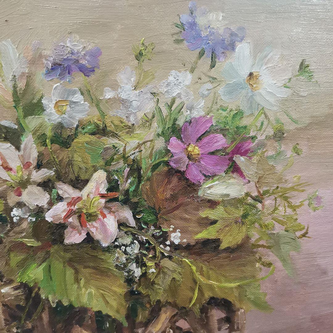林昭子作★野の花★縦42センチ・横50センチ★油彩画 花のある小さな車