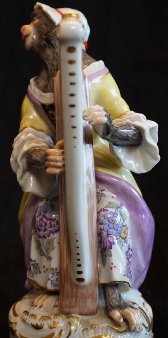 【美品】マイセン 猿の楽団 ハープ イエロー/パープルドレス 1級品