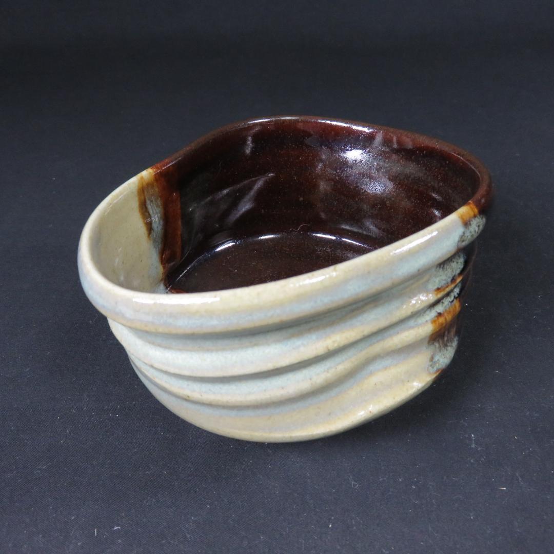 茶碗 膳所焼 沓形茶碗 変形 陽炎園 抹茶碗 茶器 茶道具 木箱 共箱
