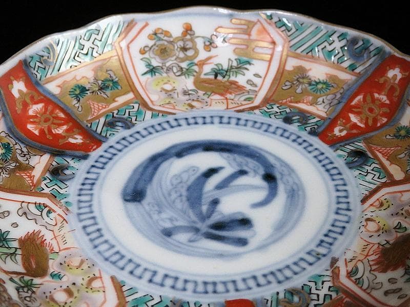 古伊万里　金襴手　鶴に松竹梅の図　４寸皿　２枚　E355AS-CBq