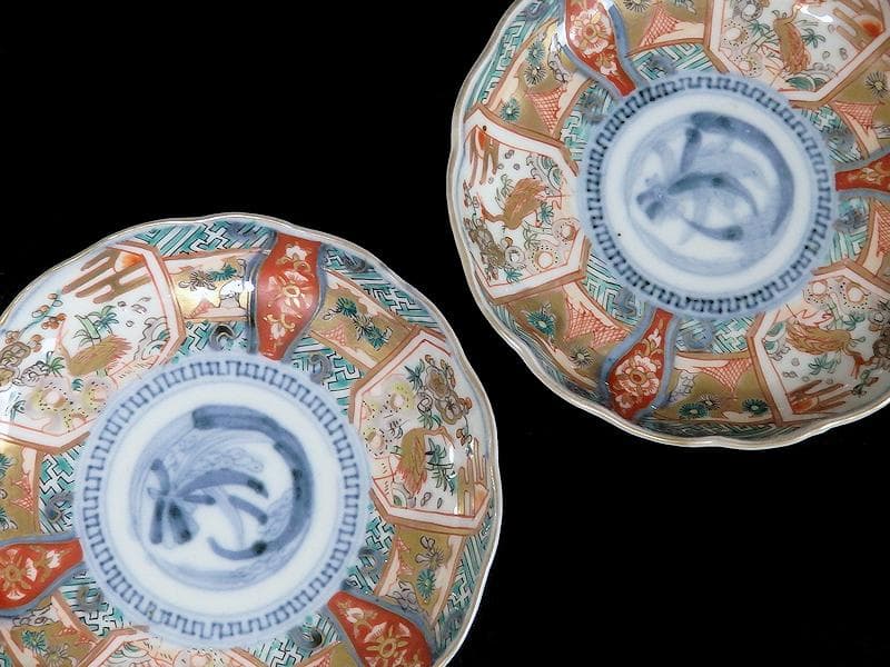 古伊万里　金襴手　鶴に松竹梅の図　４寸皿　２枚　E355AS-CBq