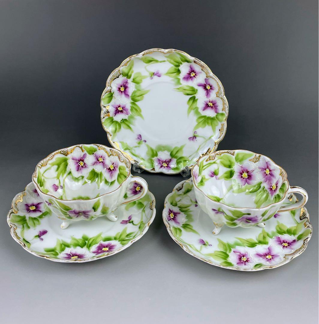 【美品】オールドノリタケ パンジー紋 ティーカップ２組 ビオラ 三つ脚 猫足