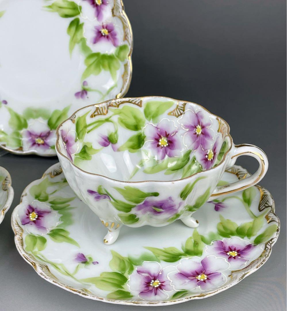 【美品】オールドノリタケ パンジー紋 ティーカップ２組 ビオラ 三つ脚 猫足