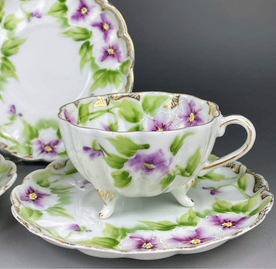 【美品】オールドノリタケ パンジー紋 ティーカップ２組 ビオラ 三つ脚 猫足