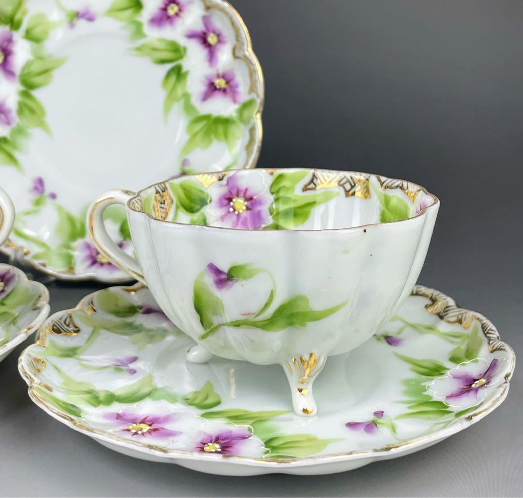 【美品】オールドノリタケ パンジー紋 ティーカップ２組 ビオラ 三つ脚 猫足