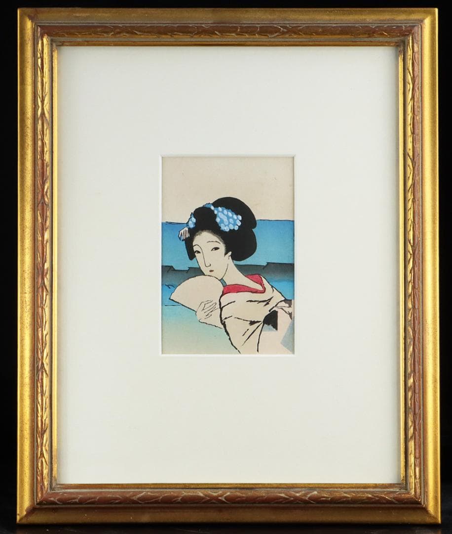 Y2293-22 竹久夢二 木版 「京の舞妓」大正15年作 額装