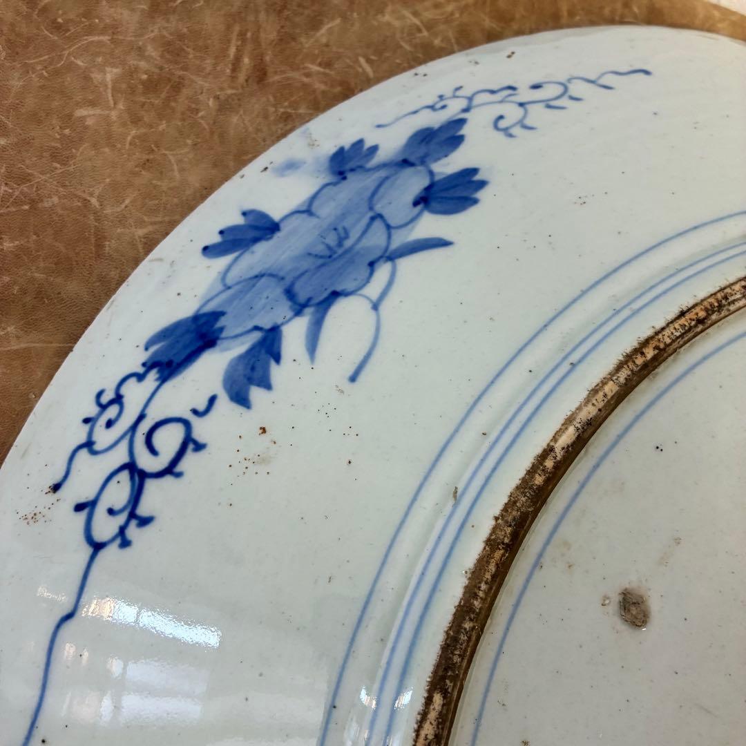 染付大皿　花鳥文様　約54cm（一尺8寸）　藍青色　磁器皿　時代物