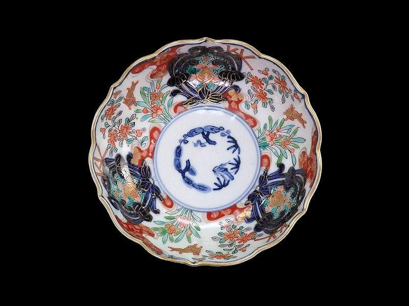 古伊万里　金襴手　兎に花の図　膾皿　２客　B338AS-CVa