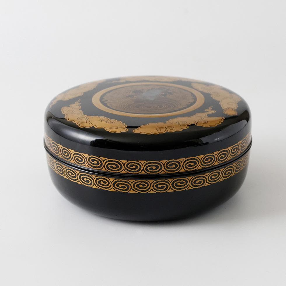 時代年代物 輪島塗 黒塗 金蒔絵 喰籠 浪に兎紋 茶道具 懐石 黄布 合箱