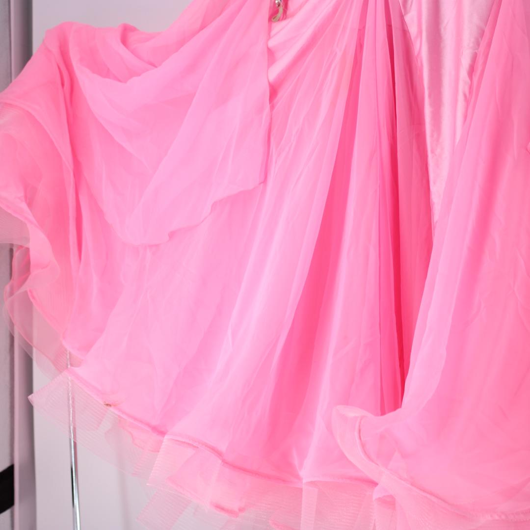 【美品 社交ダンス衣装】ピンク ワンピース ドレス ラインストーン チョーカー