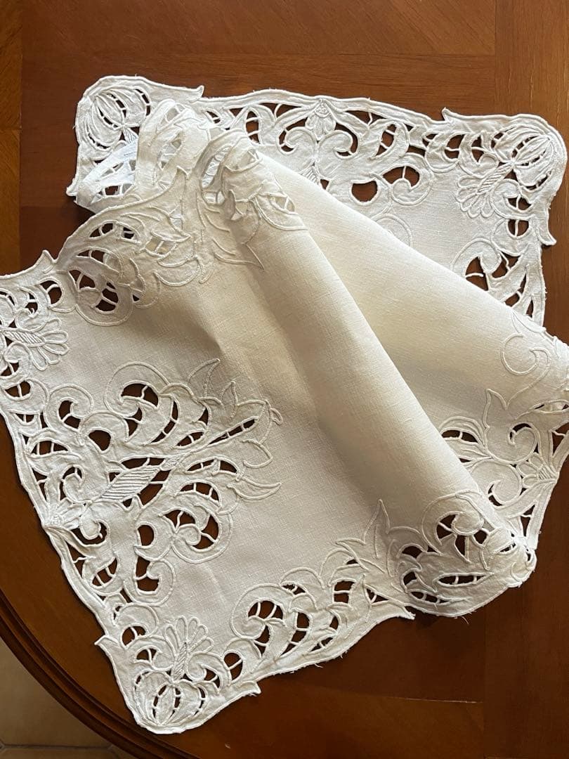 ◆フランスアンティーク｜超希少未使用手刺繍テーブルセンタークロス長方形長い白