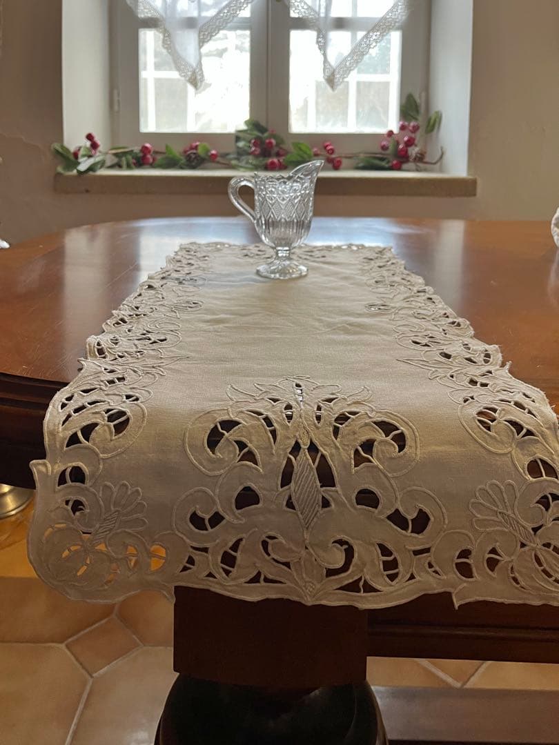 ◆フランスアンティーク｜超希少未使用手刺繍テーブルセンタークロス長方形長い白