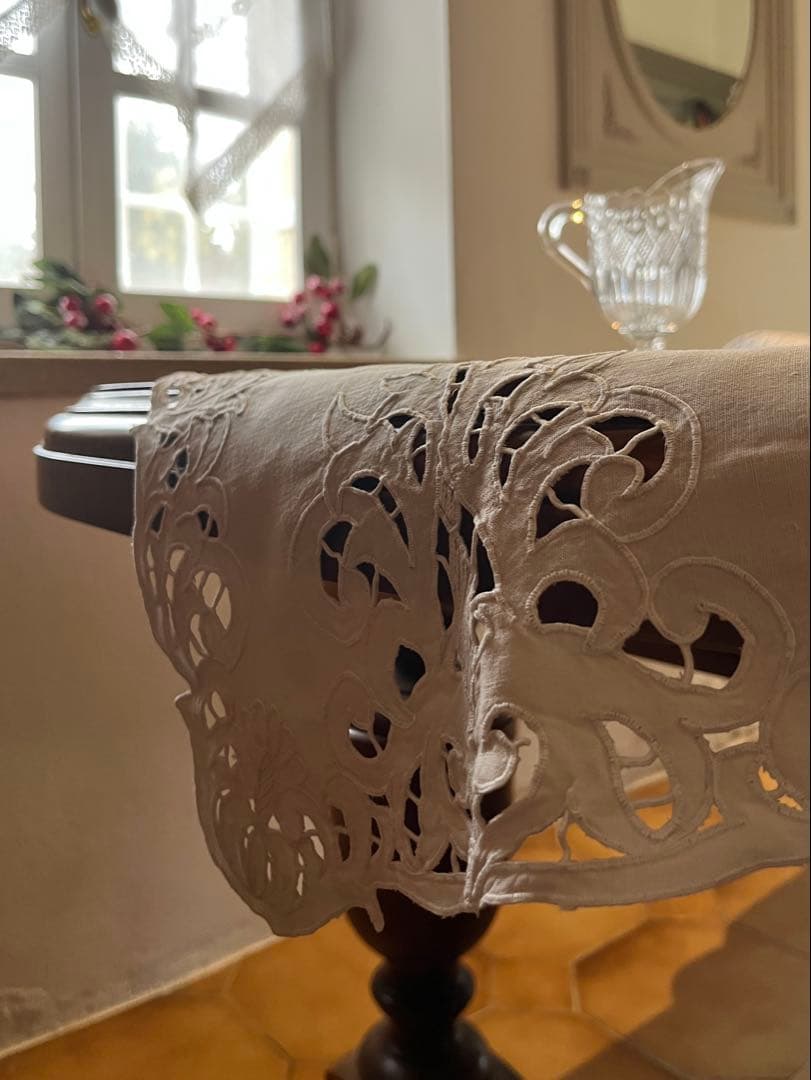 ◆フランスアンティーク｜超希少未使用手刺繍テーブルセンタークロス長方形長い白