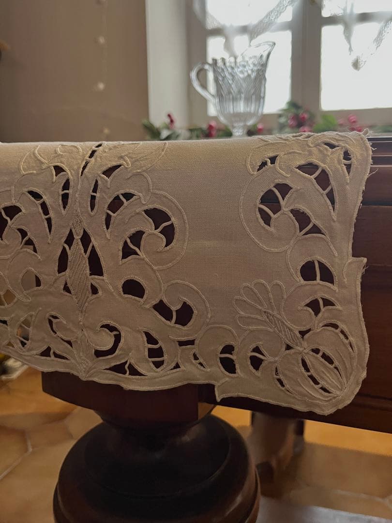 ◆フランスアンティーク｜超希少未使用手刺繍テーブルセンタークロス長方形長い白