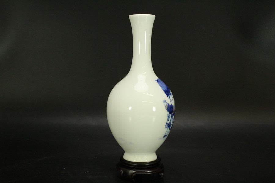 中国美術 台湾 暁芳窯 蔡暁窯 釉裏紅 青花 唐子紋 瓶 台付(A967)