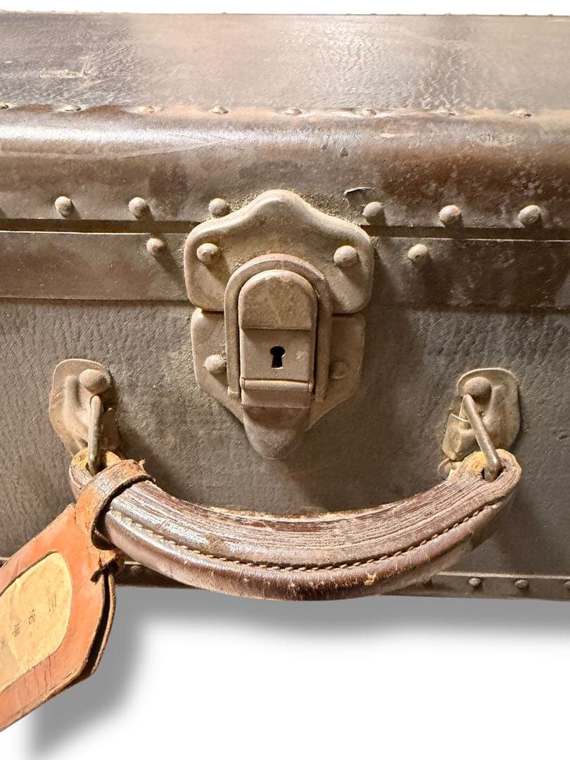 #アンティーク トランクケース 木製 革風素材 ヴィンテージ収納箱