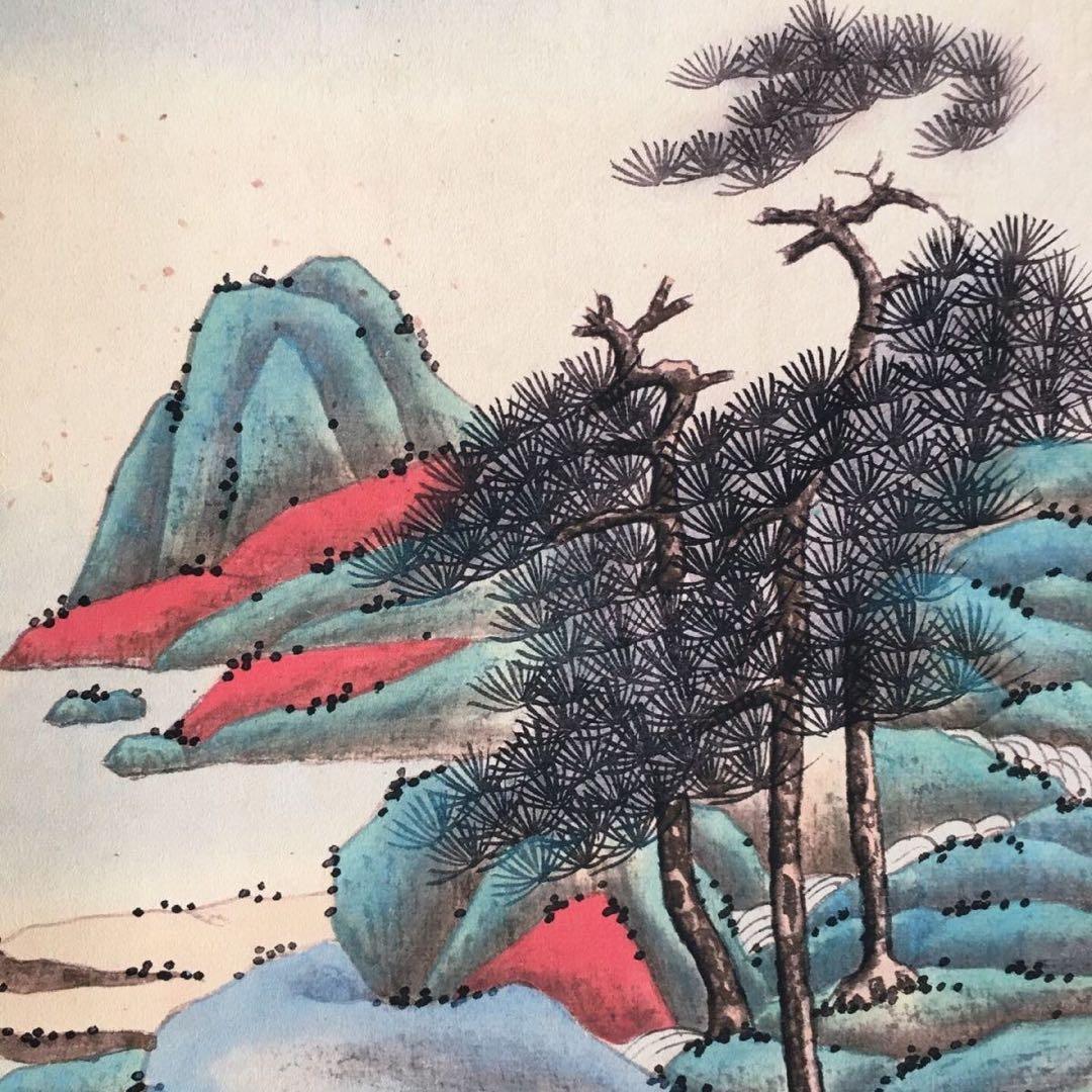 【張大千・四条屏】「水巻山岩」掛軸セット　表装済み／163×38cm