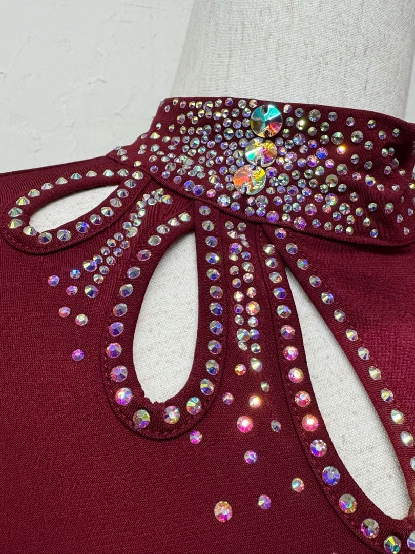 【ラインストーン】新品社交ダンス ハイネックデザインカットソーワインr151