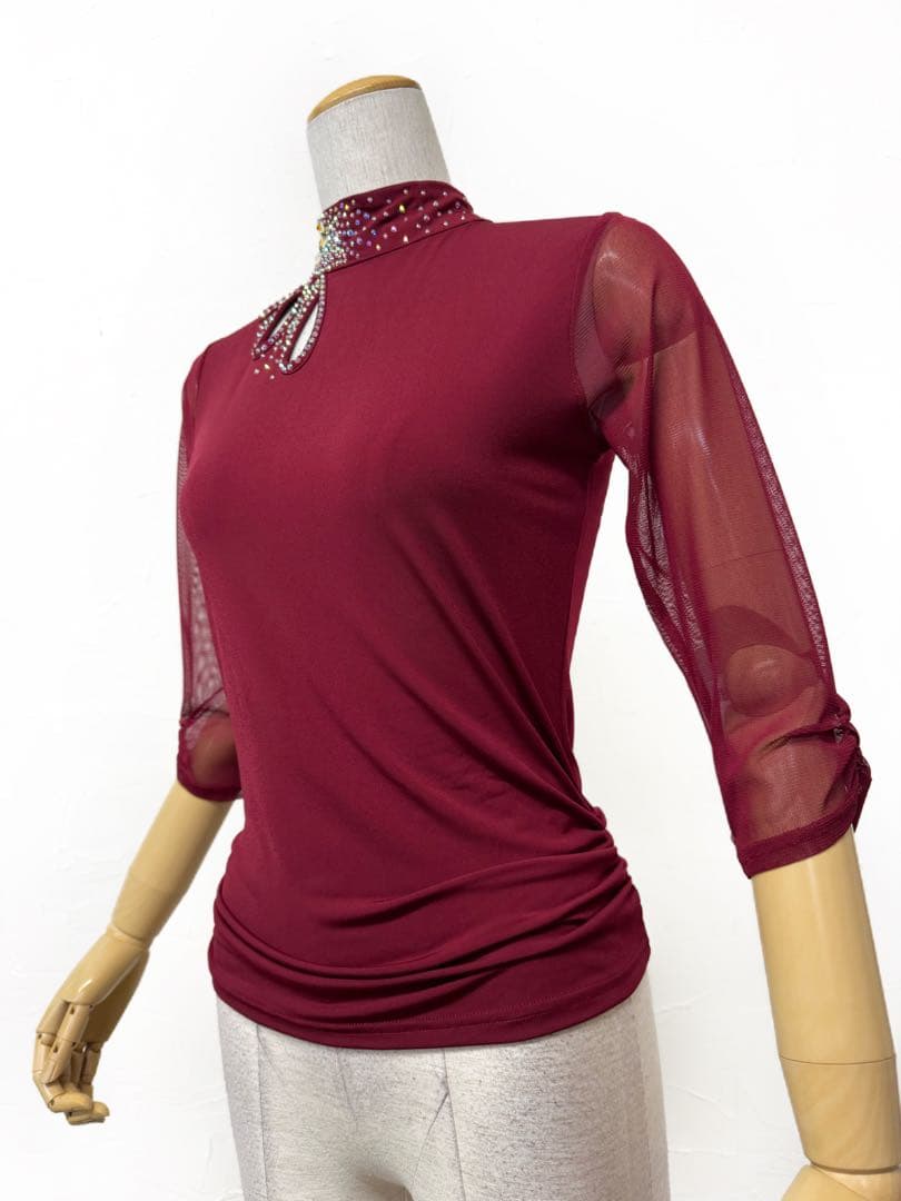 【ラインストーン】新品社交ダンス ハイネックデザインカットソーワインr151