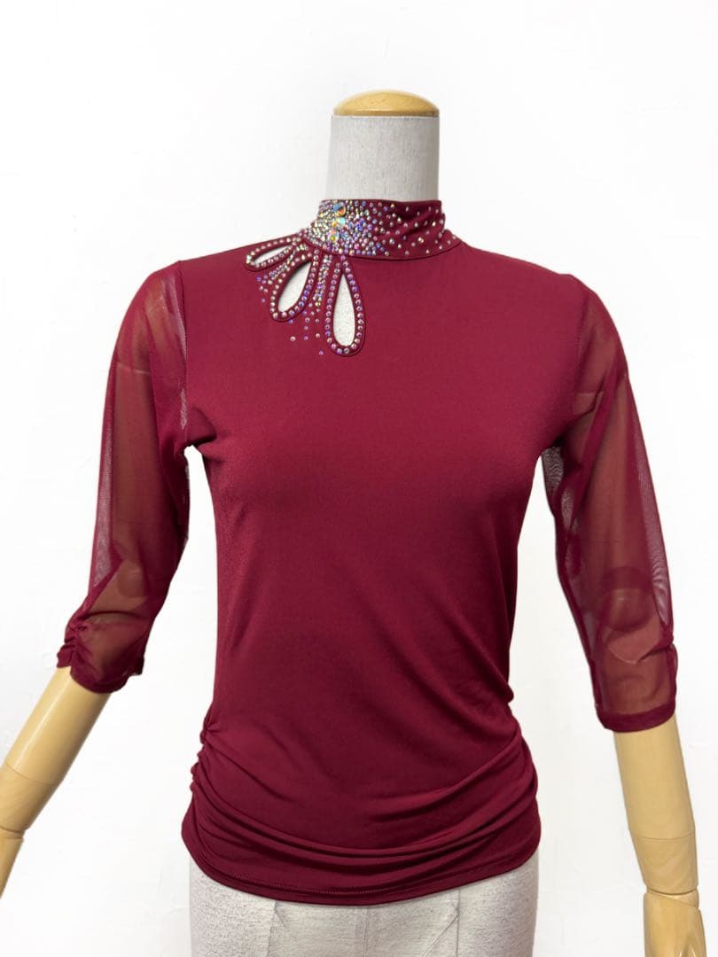 【ラインストーン】新品社交ダンス ハイネックデザインカットソーワインr151