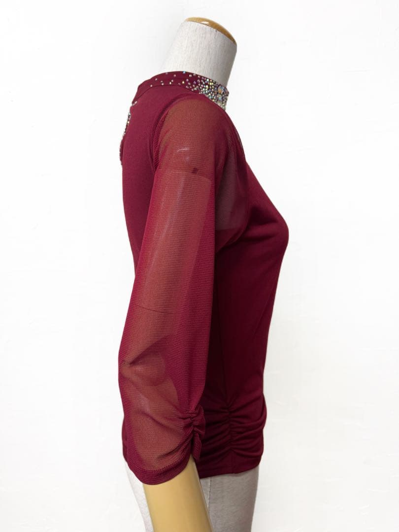 【ラインストーン】新品社交ダンス ハイネックデザインカットソーワインr151