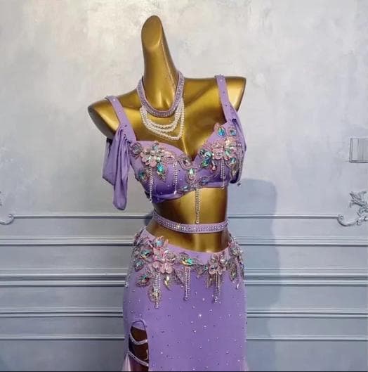 新品 ベリーダンス 衣装 ブラ スカート セット オリエンタル 紫ピンク