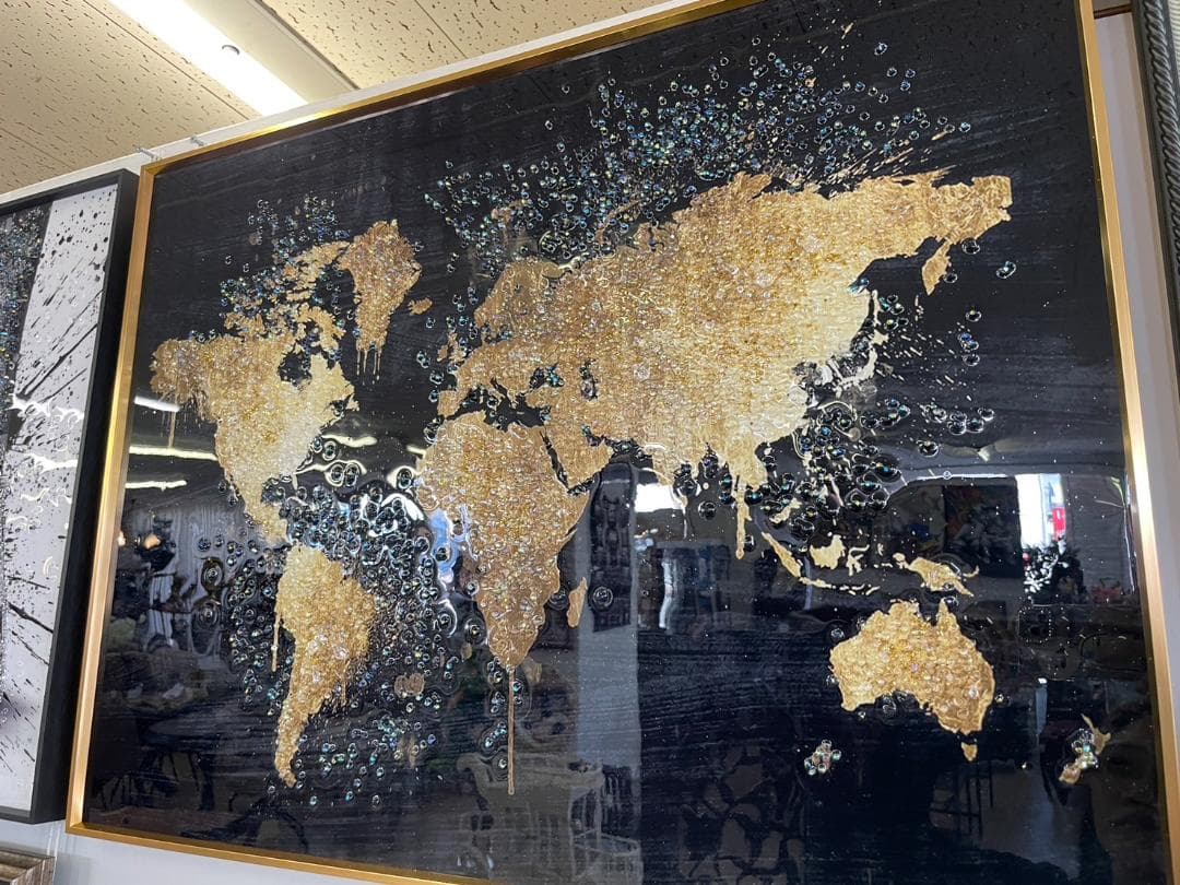 水晶絵　世界地図　アートパネル　クリスタル　立体　絵画　アート　パネル　壁画
