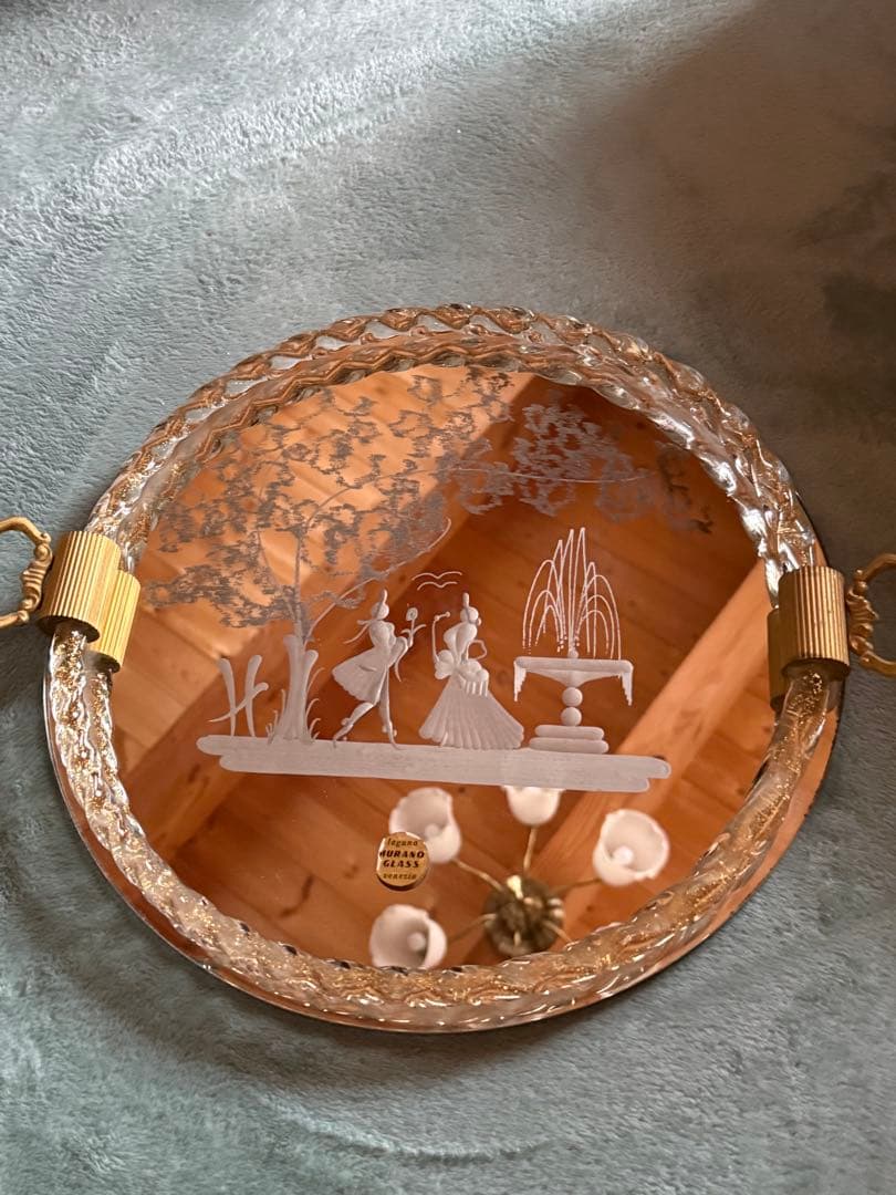 イタリア製 ベネチアンガラス ミラー　ムラーノガラス　金彩　ビンテージ