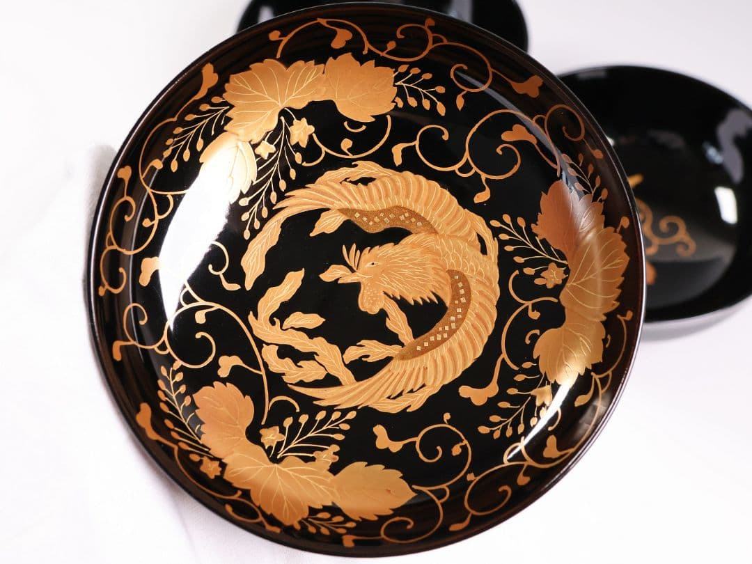 【MB193】天然木漆塗 鳳凰桐唐草 金蒔絵 黒塗 吸物椀 二客 大正昭和