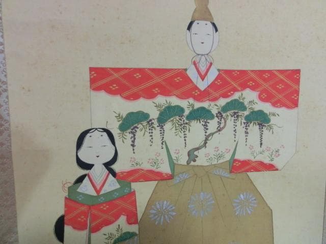 掛軸■香春題 立雛 お雛様 おひなさま 桐共箱 日本画 細身 骨董品■74