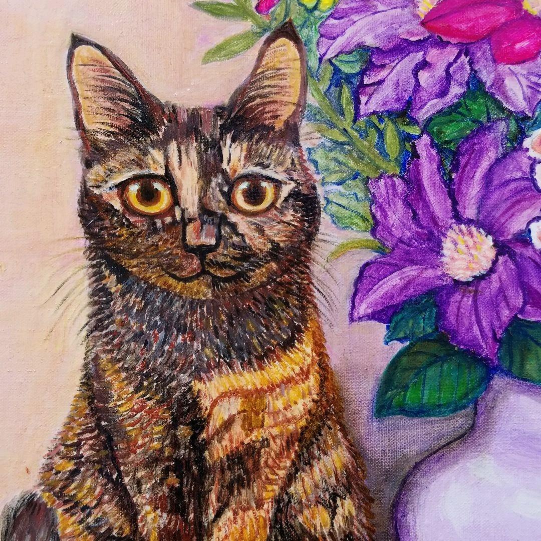 キャンバス油絵　キラ確認　お花と並んでおすまし華ちゃん