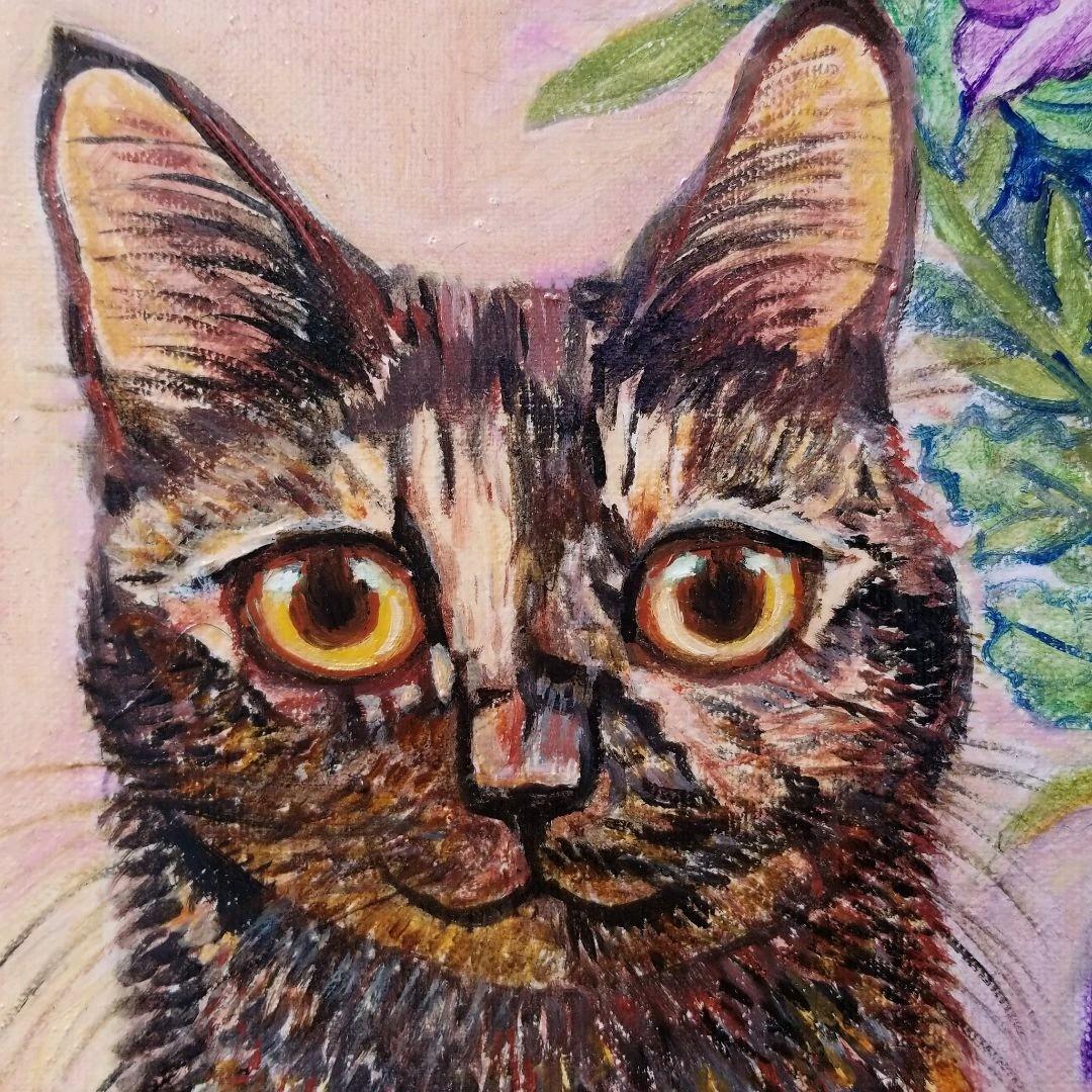 キャンバス油絵　キラ確認　お花と並んでおすまし華ちゃん