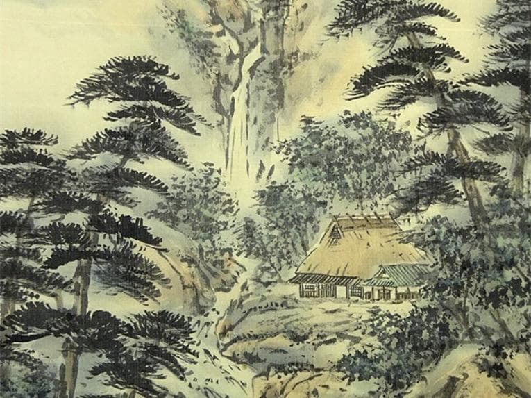 掛軸 篠原宏林『光風清涼 松林山水図』絹本 肉筆 共箱付 掛け軸 a111114