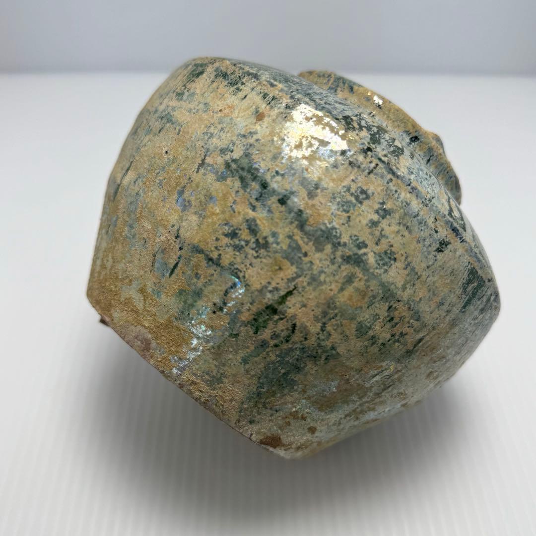 希少 中国 漢時代 漢緑釉 銀化小壺 壺 共箱付 土 泥 付き