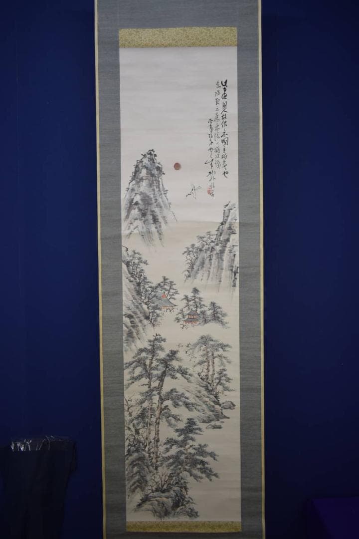 真作/物外/蓬莱山画賛/山水図/鶴/布袋屋掛軸HJ-58