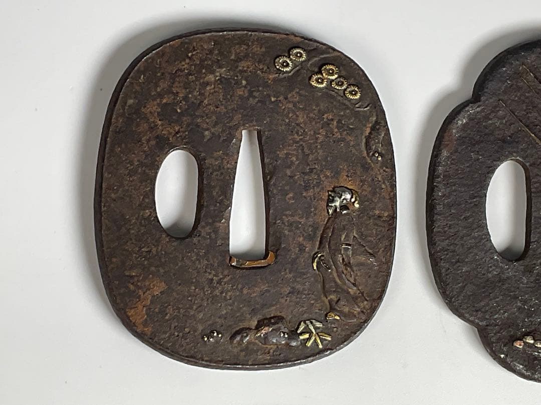 ③ 鉄鍔　短刀鍔　花鳥　人物　金銀象嵌　計４点　武具　刀剣　江戸期