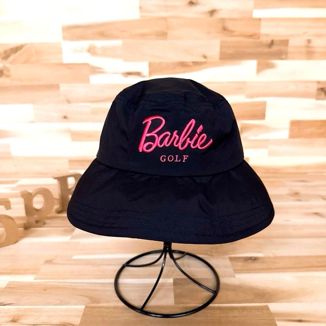 美品【パーリーゲイツ×バービー】限定コラボ 刺繍 ゴルフ ハット S 黒×ピンク