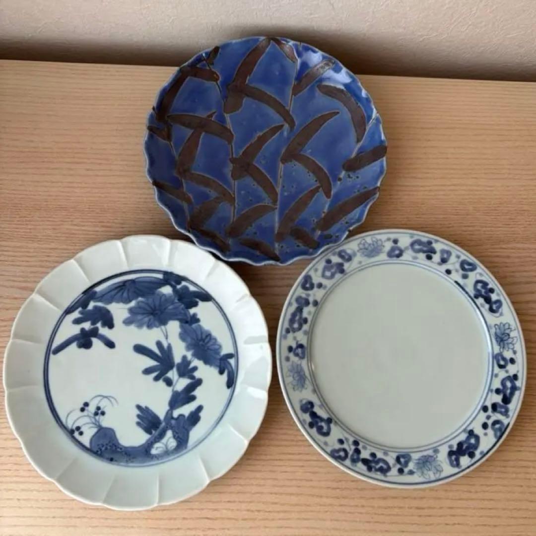 藤塚光男　染付と瑠璃釉の皿　3枚セット
